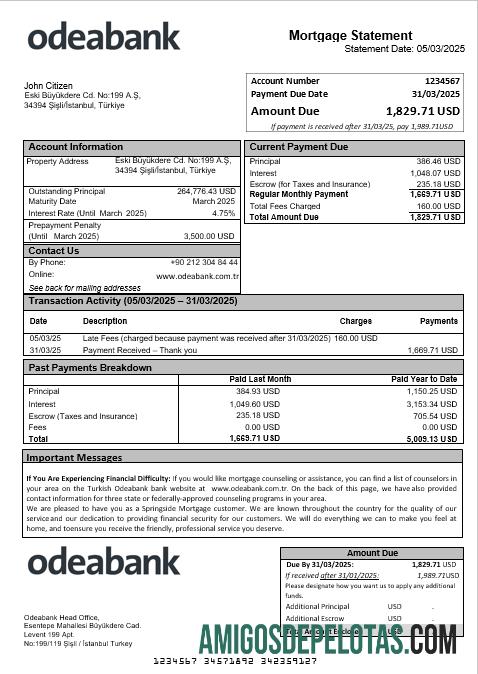 Extrato de hipoteca do banco turco Odeabank em formatos Word e PDF amostra